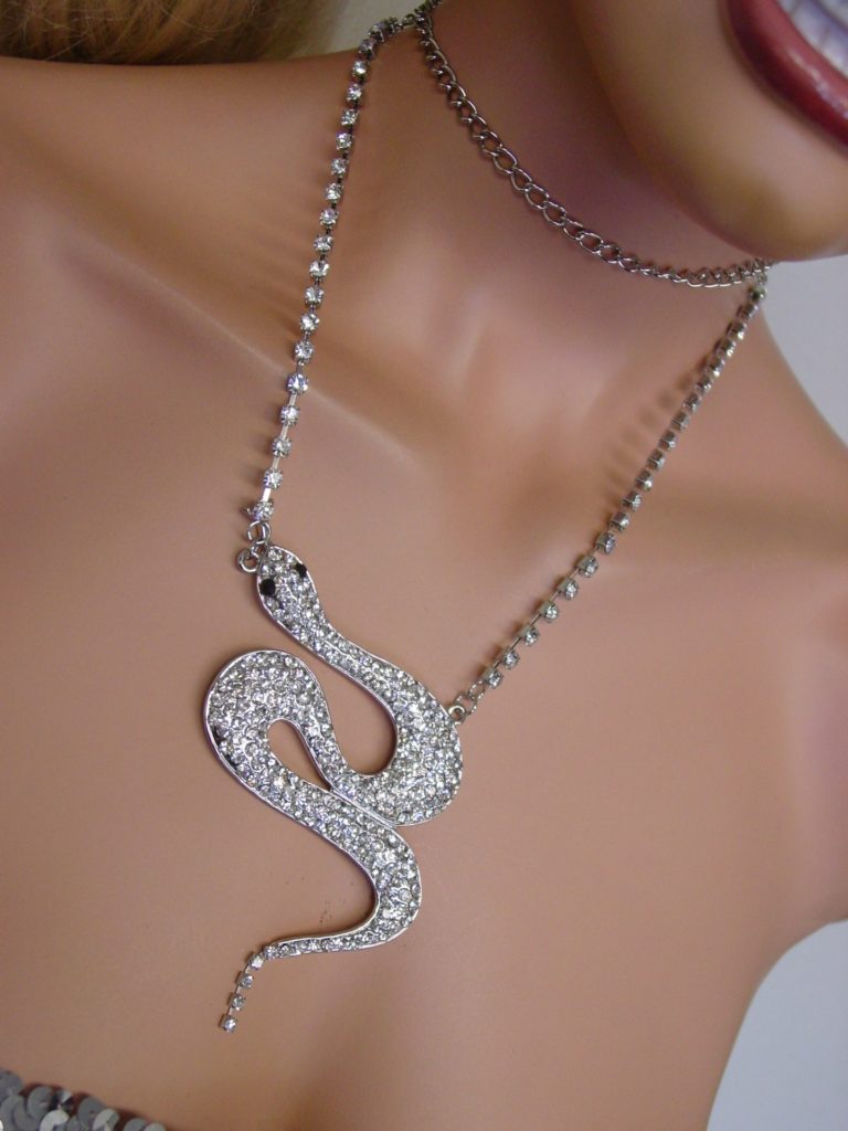 8742 - Rhinestone Snake Necklace - Silver - Image 2