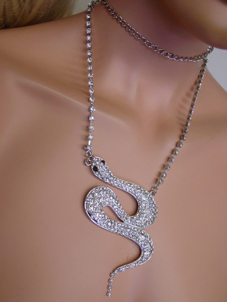 8742 - Rhinestone Snake Necklace - Silver - Image 3