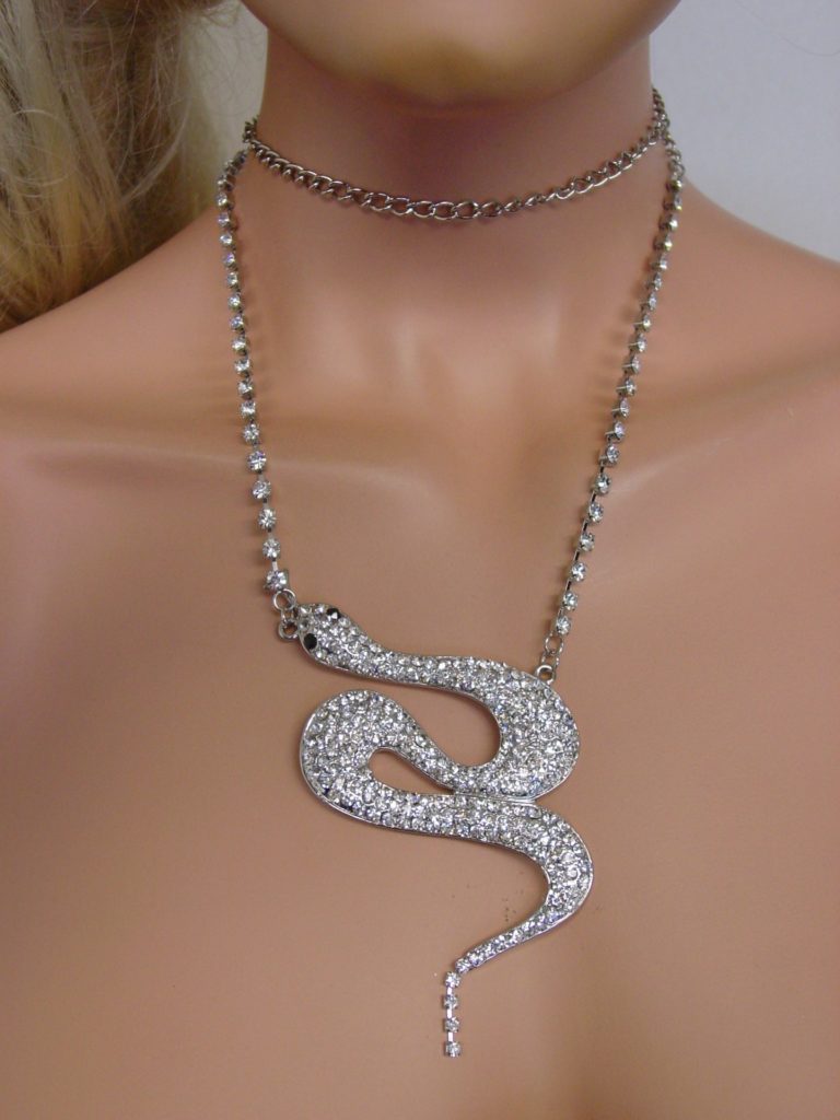 8742 - Rhinestone Snake Necklace - Silver - Image 5