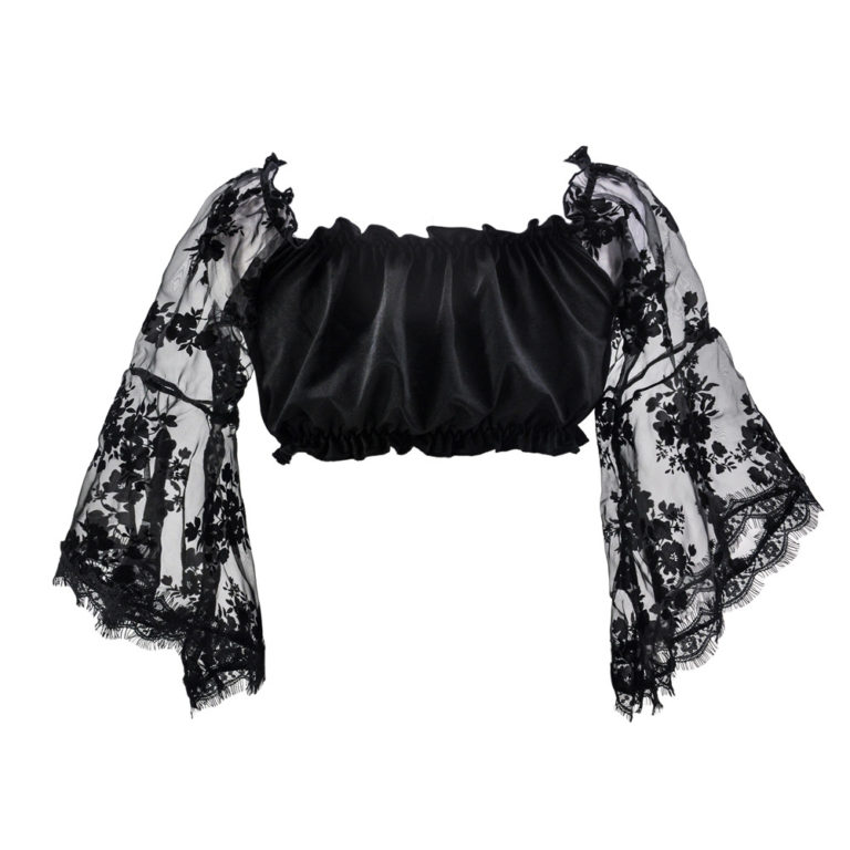 GC31763 - Black Cropped Ruffle Mesh Top with Bell Sleeves - Image 8