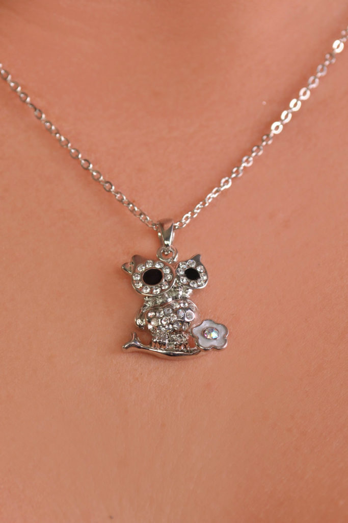 LC305 - Small Pretty Silver Owl on Flower Pendant - Silver - Image 2