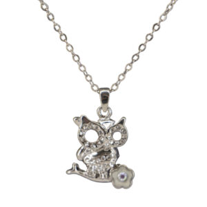 LC305 - Small Pretty Silver Owl on Flower Pendant - Silver