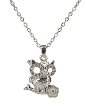 LC305 - Small Pretty Silver Owl on Flower Pendant - Silver