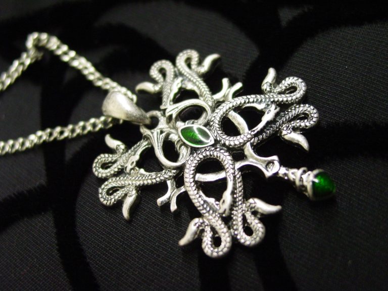 LC466 - Snake Cross Necklace with Green Accents - Silver - Image 2