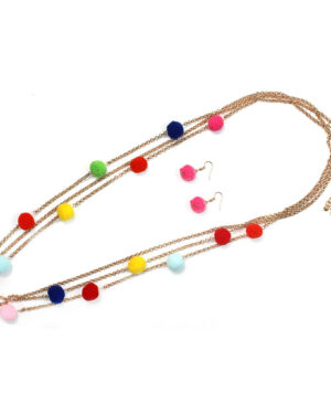 MNE2034 - Set, Chain Layered with Pom Pom Rainbow
