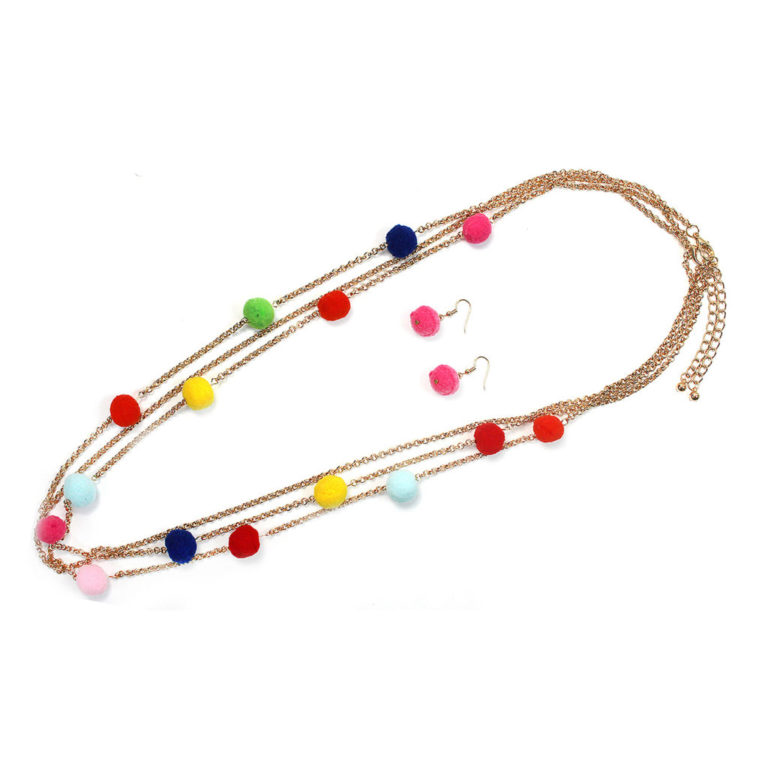 MNE2034 - Set, Chain Layered with Pom Pom Rainbow