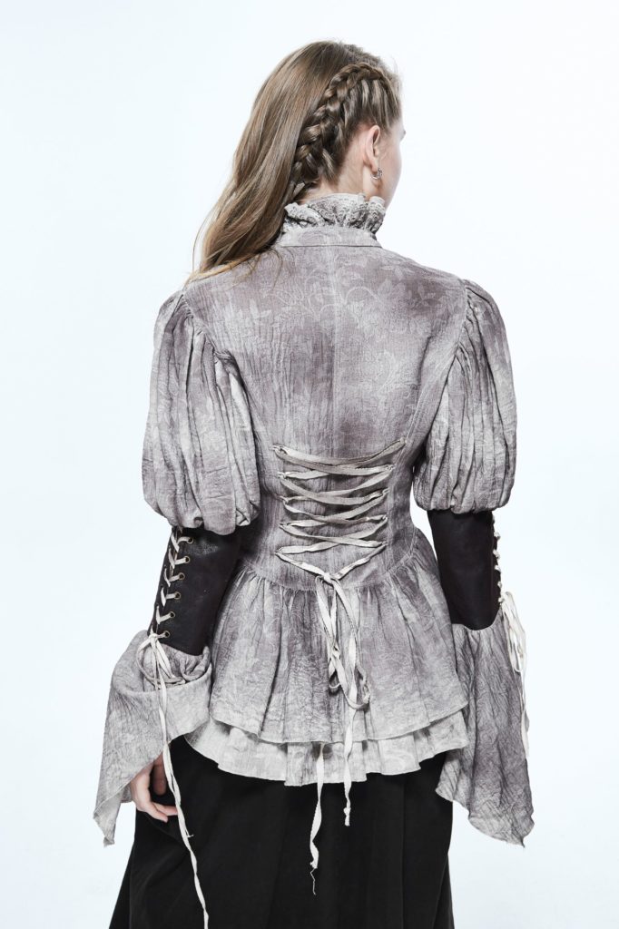 SHT25 - Steampunk Vintage High Neck Ruffle Shirt with Black Arm Cuffs - Image 2
