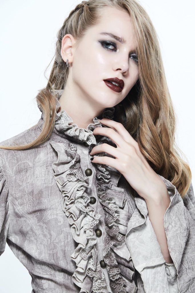 SHT25 - Steampunk Vintage High Neck Ruffle Shirt with Black Arm Cuffs - Image 5
