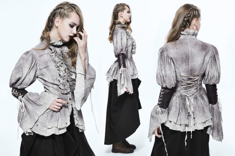 SHT25 - Steampunk Vintage High Neck Ruffle Shirt with Black Arm Cuffs - Image 6