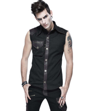 SHT2902 - Punk Male Sleeveless Shirt with Single-Shoulder Belt - BRN
