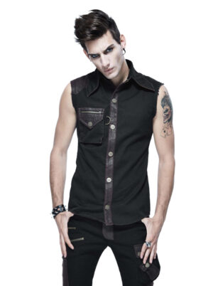 SHT2902 - Punk Male Sleeveless Shirt with Single-Shoulder Belt - BRN