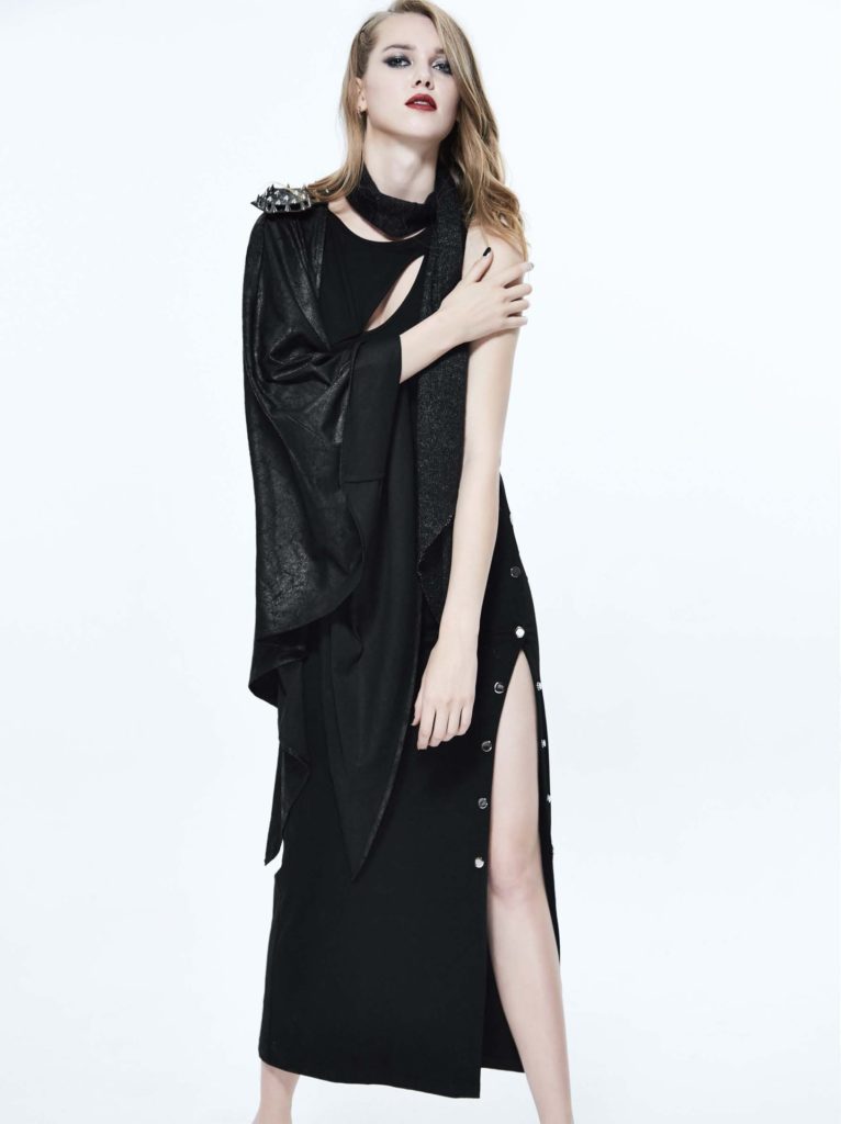 SKT69 - Punk Female Slender Dress with Leg Slit and Cape - Image 2