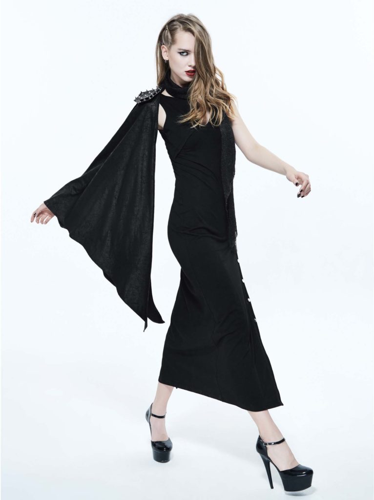 SKT69 - Punk Female Slender Dress with Leg Slit and Cape - Image 4