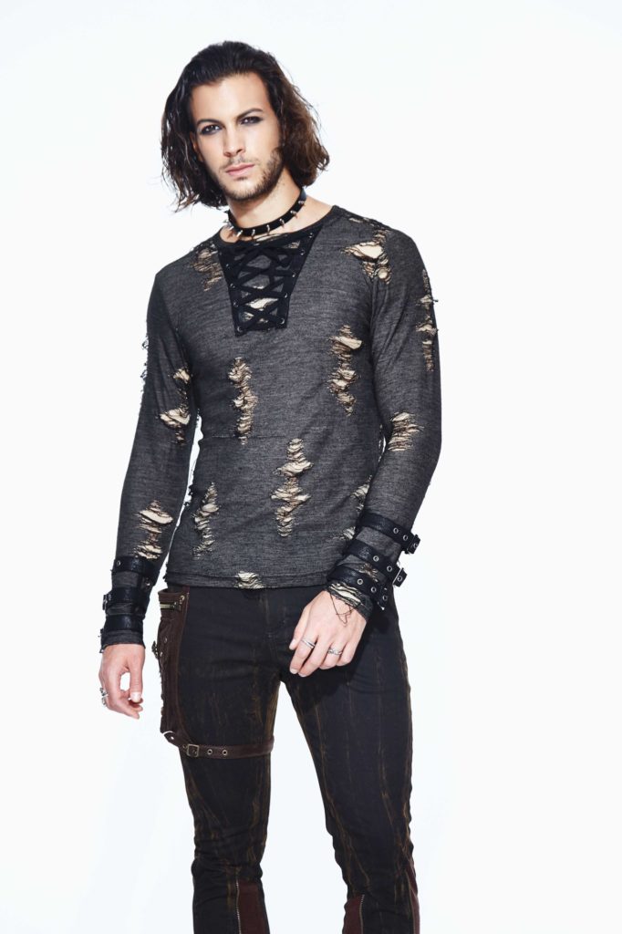 TT99 - Punk Male Distressed Lace-Up Shirt - Image 5