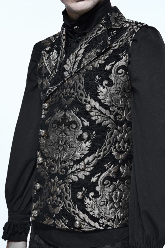 WT1302 - Gothic Embroidered Silver Brocade Collared Waistcoat - Image 8
