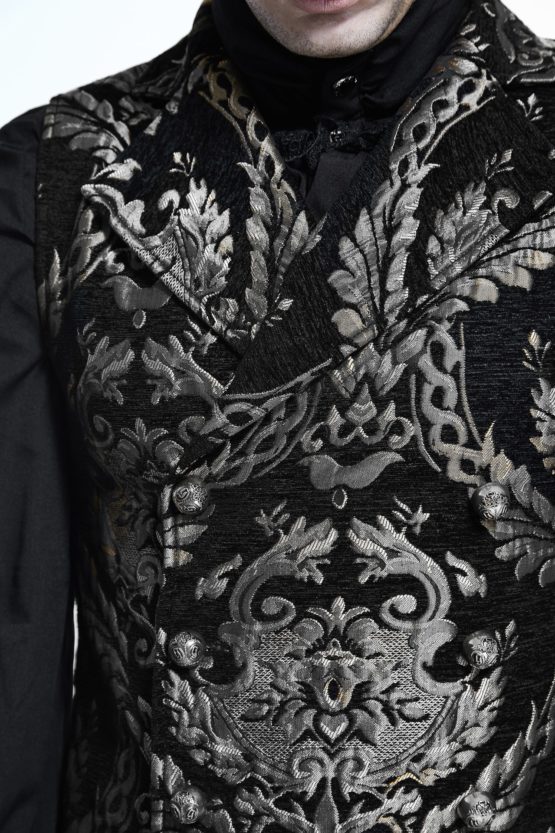 WT1302 - Gothic Embroidered Silver Brocade Collared Waistcoat - Image 6