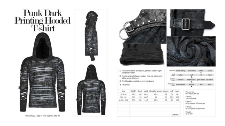 WT559 - Punk Dark Printing Hooded T-Shirt - Image 7