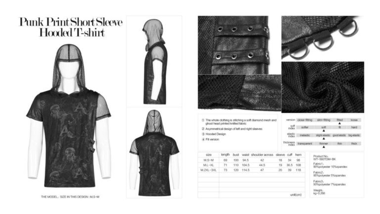 WT560 - Punk Print Short Sleeve Hooded T-Shirt - S/M - Image 8