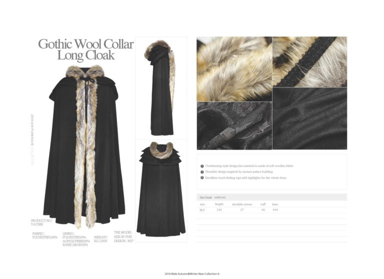 Y673 - Gothic Wool Collar Long Cloak - Image 9