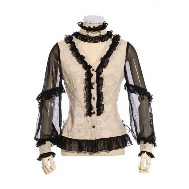 SP201 - White Steampunk Shirt with Black Lace and Mesh Sleeves - Image 7