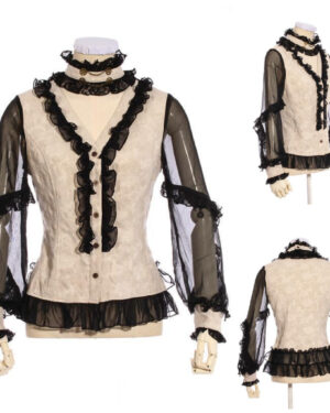 SP201 - White Steampunk Shirt with Black Lace and Mesh Sleeves
