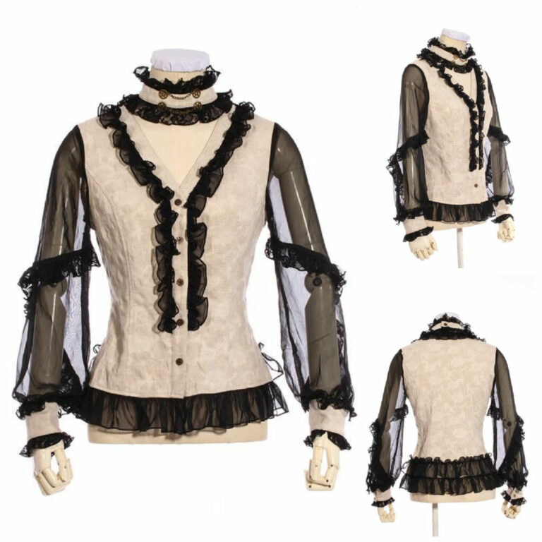 SP201 - White Steampunk Shirt with Black Lace and Mesh Sleeves