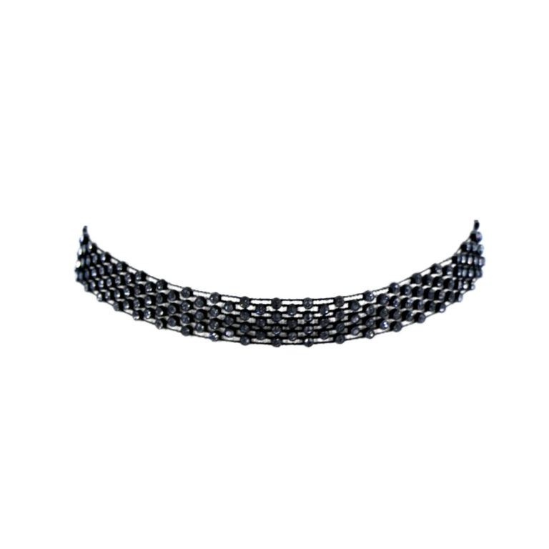 18355 - 4 Row Rhinestone Choker, Blk/Sil
