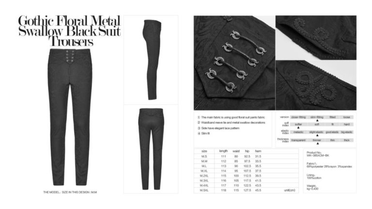 WK385 - Gothic Floral Metal Swallow Black Suit Trousers- XL - Image 6