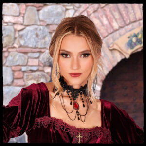 55399 - Lace, beaded choker with Red Pendant  and Chains