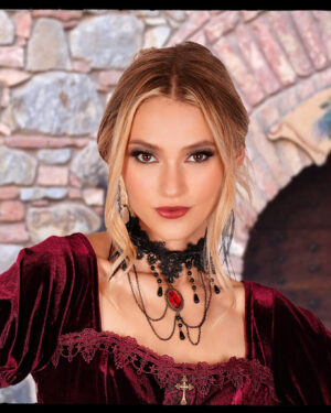 55399 - Lace, beaded choker with Red Pendant  and Chains