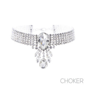 17269 - 5 Row Rhinestone Teardrop Choker, Sil
