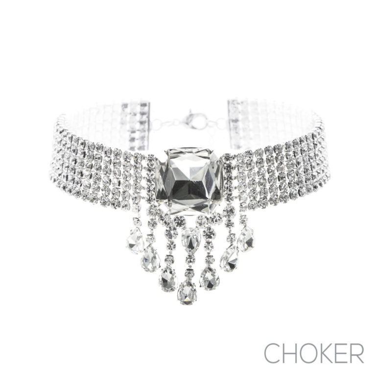17270 - 6 Row Rhinestone Teardrop Choker, Sil