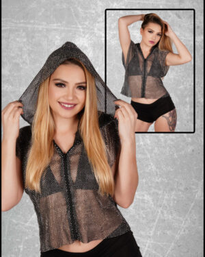 14556 - Rhinestone mesh Hooded sleeveless shirt