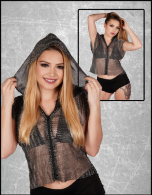 14556 - Rhinestone mesh Hooded sleeveless shirt