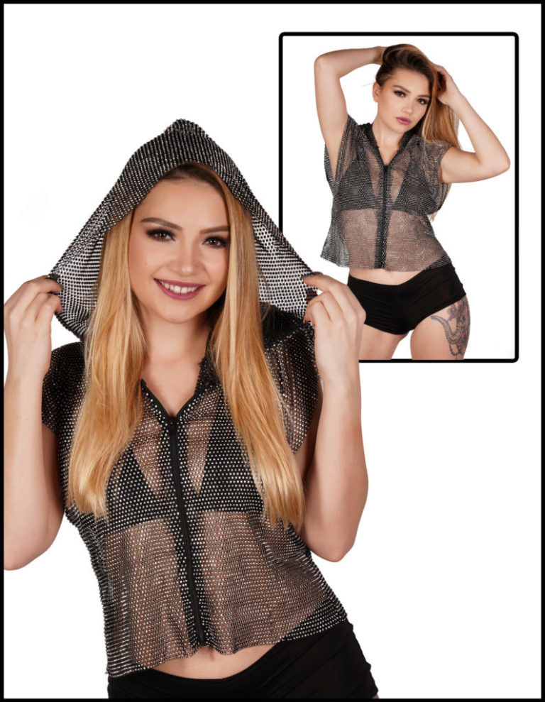 14556 - Rhinestone mesh Hooded sleeveless shirt - Image 2
