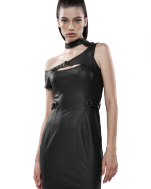WQ448 - Punk Modern Technology PU Leather Knit Dress