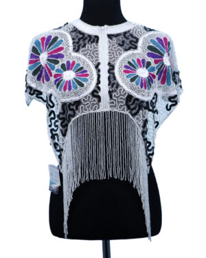 8898 - Beaded Shawl Multi- with White Fringe & Zipper