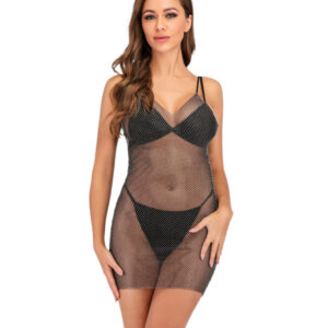 14559 - Rhinestone mesh V neckline dress