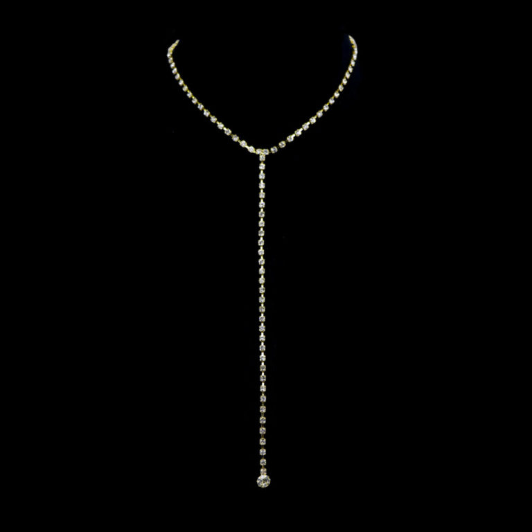 8780 - Single Row Rhinestone Y Necklace  - Gold