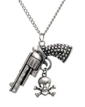 13296 - Gun with Skull Necklace, Burnished Silver