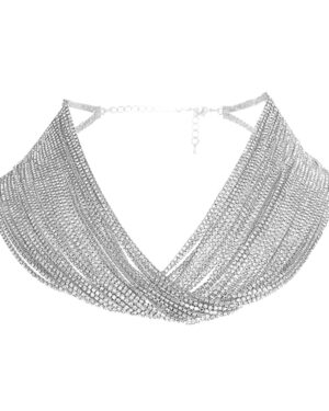 16760 - 30 Line Silver Rhinestone Draped Collar Necklace