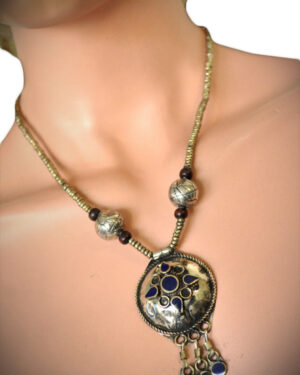 1884 - Tribal Lapis Necklace - Half Circle Dome pendant neacklace with design silver beads