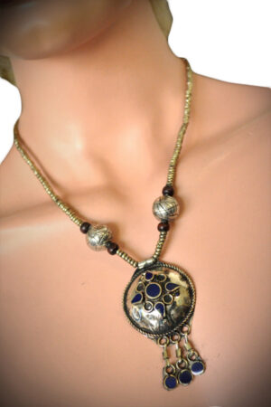 1884 - Tribal Lapis Necklace - Half Circle Dome pendant neacklace with design silver beads
