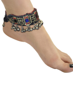 1902 - Anklet - Afghan ( Pair ) - Bue, Pink, Green Circle with low dangle bells