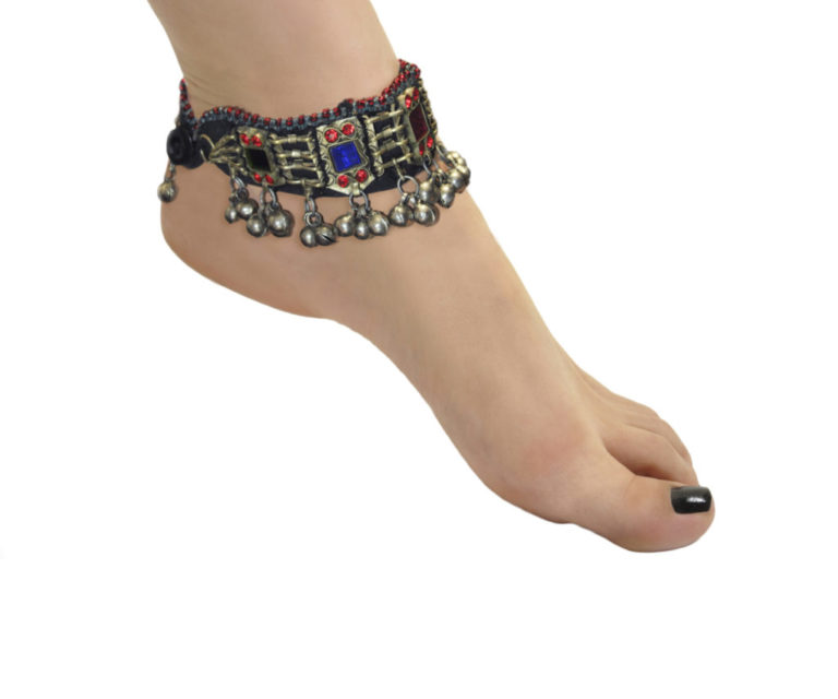 1902 - Anklet - Afghan ( Pair ) - Bue, Pink, Green Circle with low dangle bells