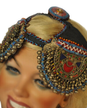 1955 - Head Pc- Afghan - 2 Large Half Circles on side with circle on top. Blue Beaded trim with red cr...