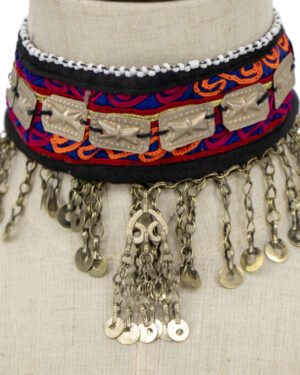 1969 - Choker - Afghan - Embroidered Choker with Flat coins and chain dangles with bells..