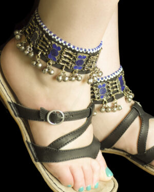 1990 - Anklet - Afghan ( Pair ) - Blue Stone Circles with low dangle bells