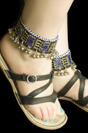 1990 - Anklet - Afghan ( Pair ) - Blue Stone Circles with low dangle bells