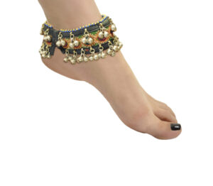1991 - Anklet - Afghan ( Pair ) - Yellow, green, blk with white top bead trim and Dangle bells